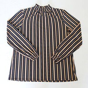 ANNE KLEIN Women's M Vertical Stripe Mock Neck Top Blouse Long Sleeve Tan Black